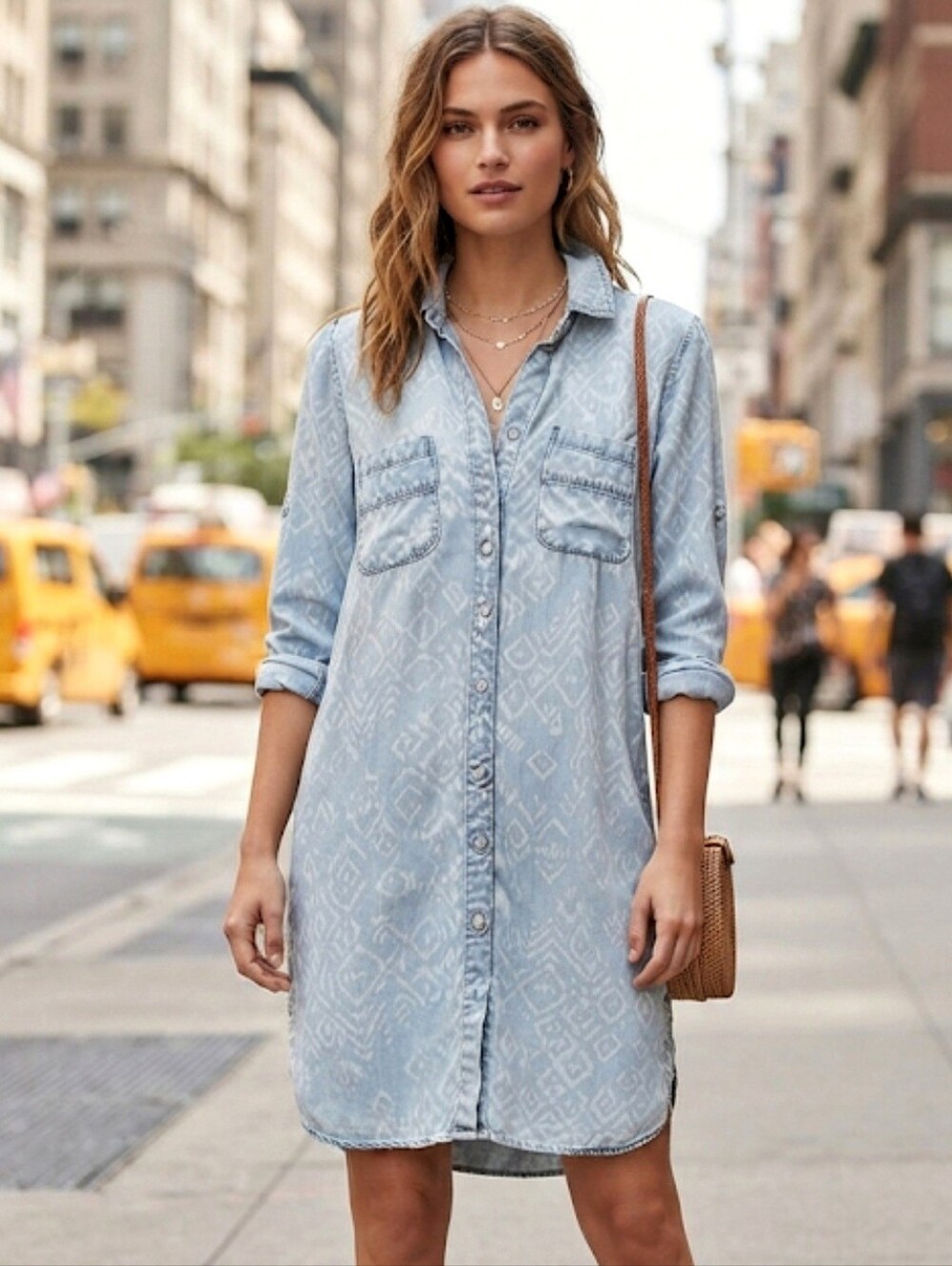 Anthropologie Cloth & Stone Chambray Shirtdress Geometric Print Button Front XS